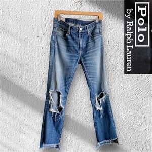 Polo Ralph Lauren Dungarees Women's Blue Distressed Jeans Slim Crop Western 28